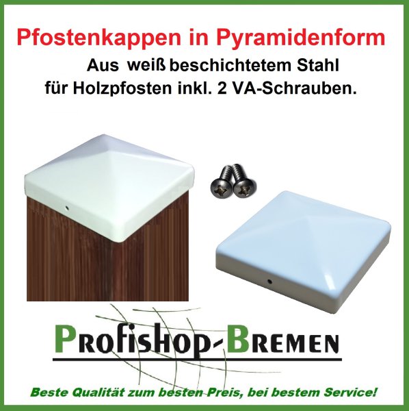 Pfostenkappe aus Stahl, weiß beschichtet in Pyramidenform für Pfosten 8x8 cm